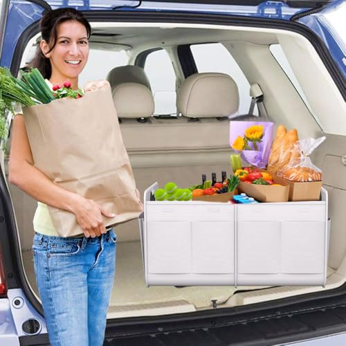 Image of Homeve Car Trunk Organizer for SUV, 18.5Gal Large Capacity No-Sag Heavy Duty, Foldable Waterproof Anti-Slip Storage with 12 Pockets, Fit Sedan, Truck, Universal Car Accessories, White, 2 Compart,Large