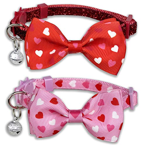 Pohshido Valentine's Cat Collar with Bow Tie and Bell, Holiday Breakaway Loving Heart Kitty Kitten Collar for Girls and…