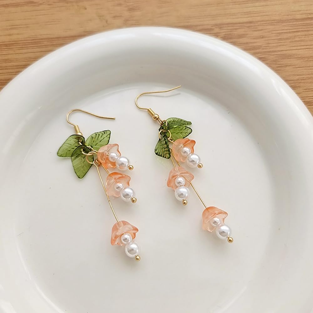 Pink Flower Dangle Earrings for Women,Gold Cute Pearl Bellflower Leaf Tassel Multilayer Earrings,Fairy Holiday Statement Long Earring Jewelry Gift - Image 9