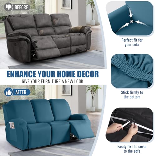 Image of TAOCOCO Recliner Sofa Slipcover, 3 Pieces Polyester Fabric Stretch Sofa Covers for 3 Seat Reclining Couch, Soft Washable Furniture Protector with Pockets (3 Seat, Turquoise Blue)