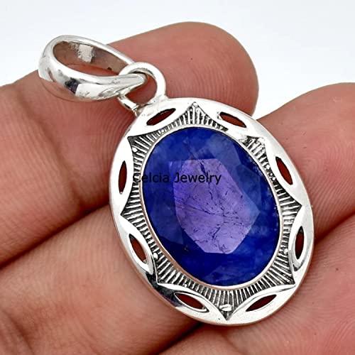 Celcia Jewelry Solid 925 Sterling Silver Pendant For Men Women, Natural Blue Sapphire Faceted Oval Gemstone Unique Handcrafted September Birthstone Pendant thumb #1