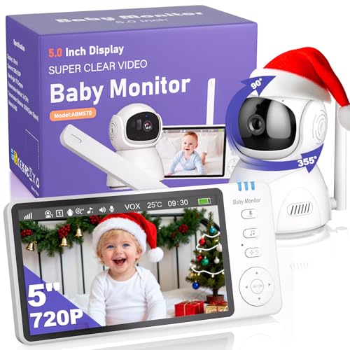 OBVHNUA Babyphone Camera 5 inches Babyphone 720P HD Écran Caméra Bebe sans WiFi avec Vision Nocturne Zoom Numérique Camera Rotative VOX Communication Bidirectionnelle Température