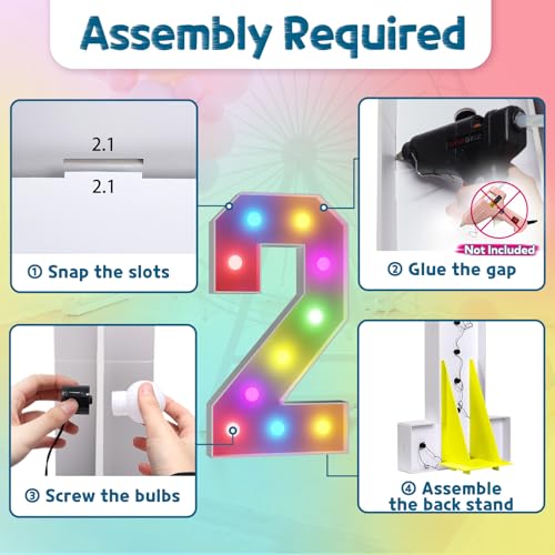 Image of Imprsv Colorful 4FT Marquee Numbers 2, 18 Colors Large Light up Numbers | RGB with Remote, Birthday Party Decorations Anniversary Wedding Decorations Assembly Required 21 Pcs Accessory Set