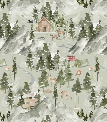 Watercolor Tree Wallpaper Peel and stick Forest Mural Woodland Animals Camping Wallcovering self stick wallpaper contact paper Forest Woodland Wall Decals for bedroom Nursery (Green, 17.3