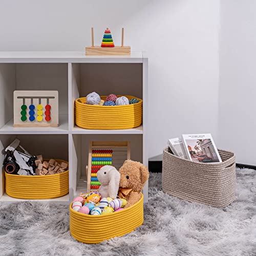 Kriitools Shelf Storage Baskets For Organizing|Decorative Basket For Closet Storage|Toy Baskets&Bins|Small Woven Rope Baskets-13X8.66X5.11’’,Durable&Stylish,Oval 3 Packs Yellow #TOP4
