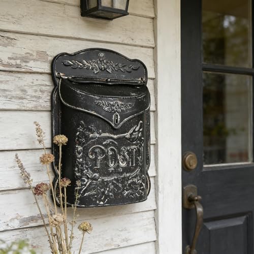 Image of Wall Mount Mailbox for Outside Vintage Mail Boxes for House Outside Metal Door Mailbox Drop Box Antique Style Nostalgic Charm Home Decorative, Flower Pattern, Black