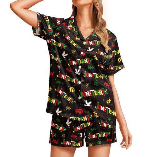 Image of Silk Satin Pajama Set for Women Summer Lounge Pjs Sets 2 Piece Suit Ladies Button Down Tops And Shorts Sleepwear