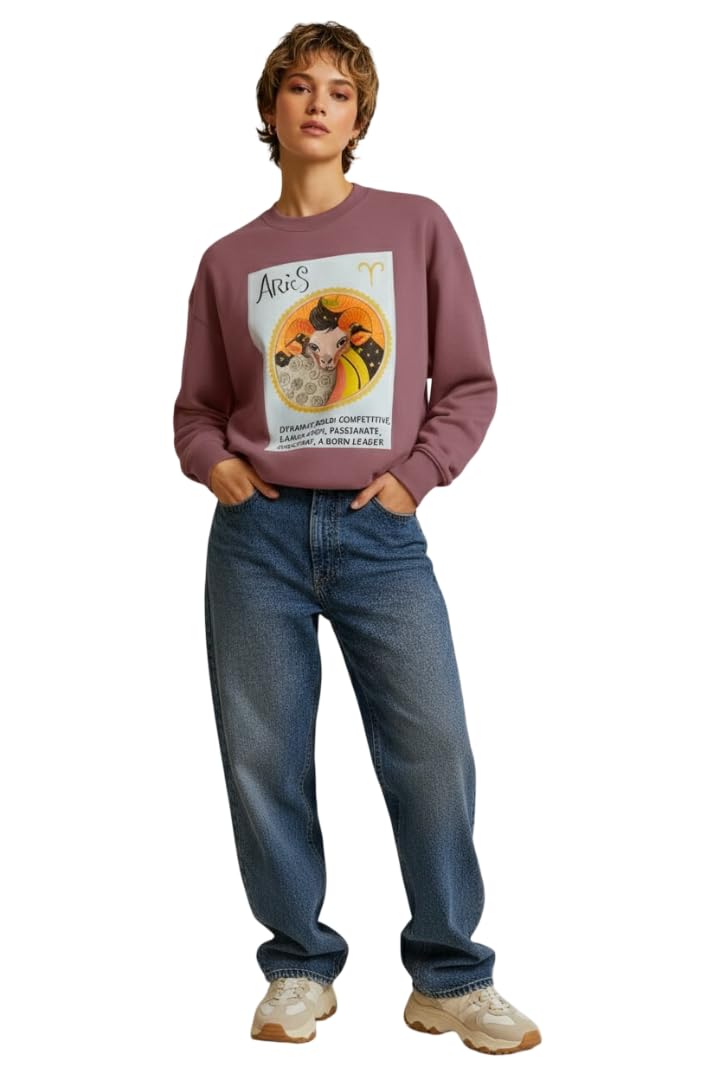 Women and Girls Regular Round Neck Solid Long Sleeves Aries Zodiac Printed Fleece Sweatshirt-image-42