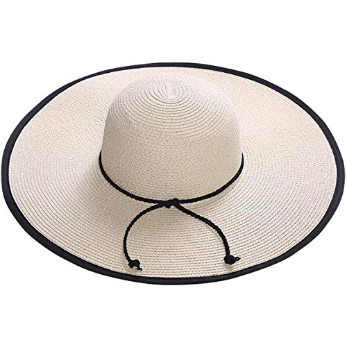 Lanzom Womens Wide Brim Straw Hat Big Floppy Foldable Roll up Cap Beach Sun Hat UPF 50+(Twine-Beige)