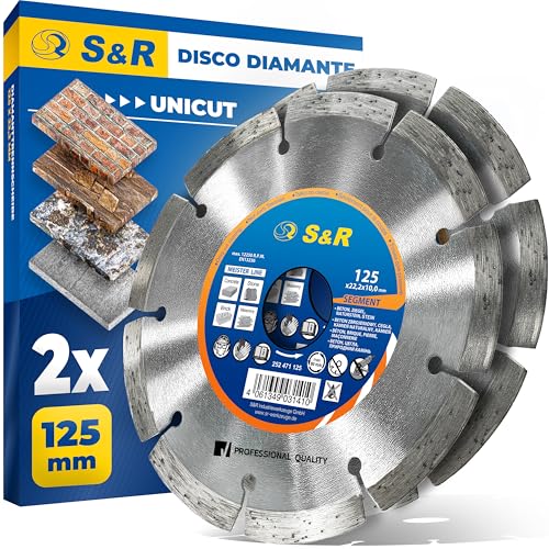 S&R Disco Tronzador Diamante Amoladora 125 mm Hormigón, Piedra natural, Ladrillo. Juegos 2 Discos Turbo Diamantados Universales