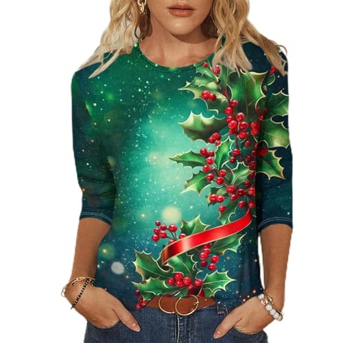 Image of Ladies Christmas Jumpers - Women's Xmas T-Shirts Plus Size Christmas Tree Print Novelty Funny 3/4 Sleeve Elf Santa Print Reindeer Graphic Blouse Ugly Tee Shirt Pullover Holiday Tops