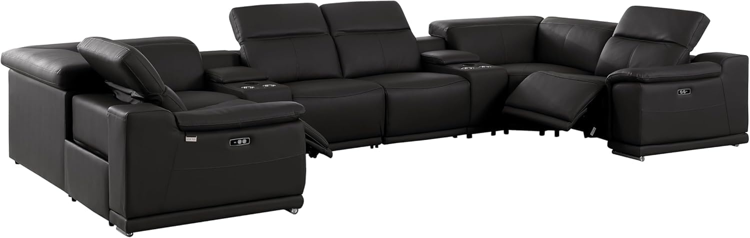 BlackJack Furniture Venice 8-Piece Top Grain Italian Leather Sectional Reclining Sofa Set with 2 Power Recliners, Adjustable Headrests, USB and Wireless Phone Charger, Black