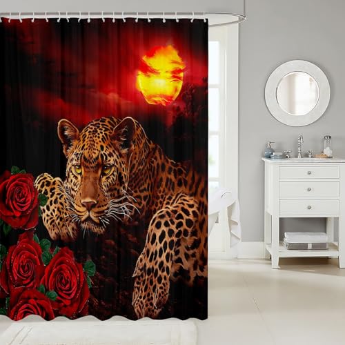 Image of Sunset Shower Curtain Leopard Bathroom Shower Curtain Set for Kids Adult Red Rose Floral Cheetah Print Bath Curtain Wild Animal Waterproof Shower Curtain with Hooks for Bathtub Decor Luxury 72x78 Inch