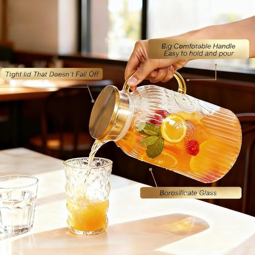 Image of Amzcku Glass Pitcher with Lid, 1 Gallon /128 oz Vintage Water Pitcher,Water Carafe for Cold Brew, Coffee, Lemonade, Iced Tea,Beverage, Heat Resistant Water Glass Jug 1Pack