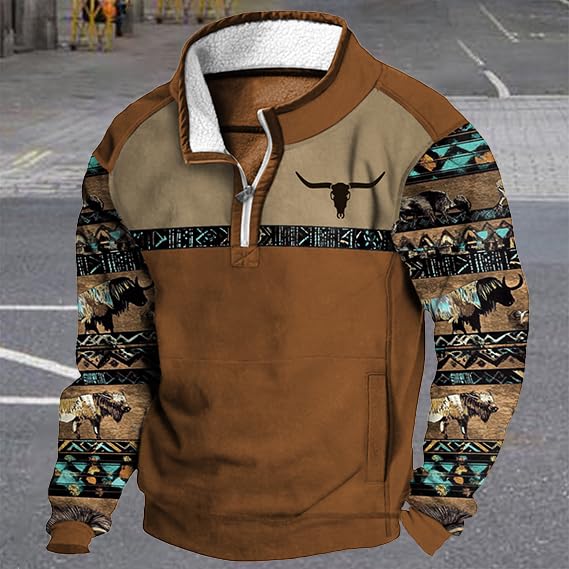 Western Sweatshirt for Aztec Cowboy Quarter Zip Pullover Hoodie Ethnic Vintage Long Sleeve Fall Winter Tops2
