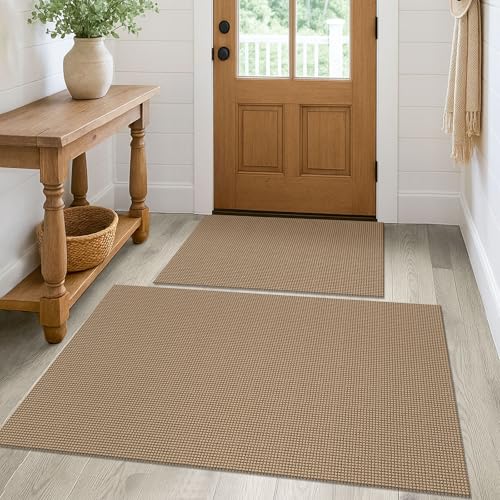 KOZYFLY Rugs for Entryway Sets of 2 Pcs 2x3 and 3x5 Washable Entry Rug Non Slip Rubber Backed Entrance Rugs Woven Cotton Doormat for Front Porch Laundry Kitchen Bedroom, Tan/Orange/Brown