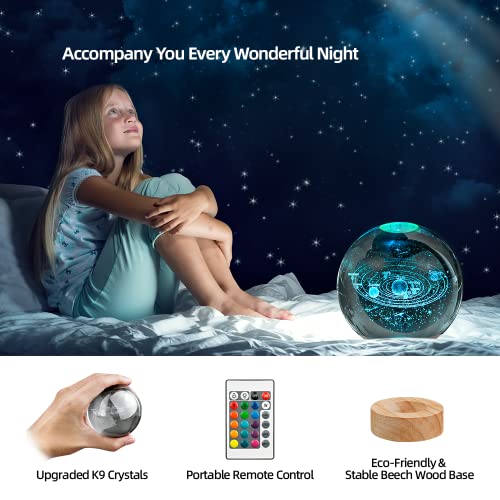 Image of 3D Solar System Crystal Ball Night Light with 16 Color LED Wooden Base, Upgraded 3.15 Inch Galaxy Planets Glass Ball Lamps with Remote for Birthday Christmas, Astronomy Space Gifts for Boys Girls