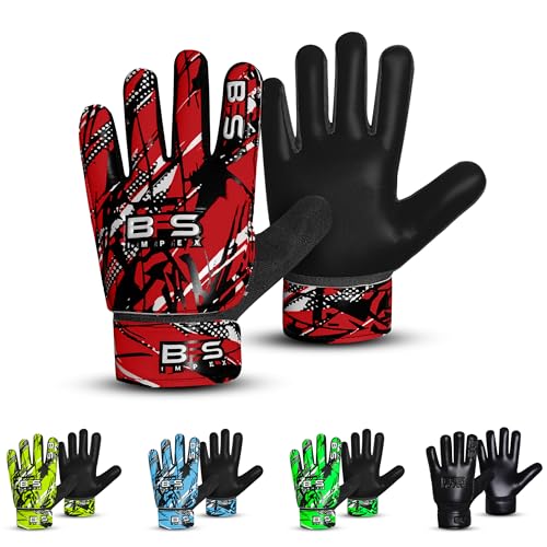 BFS IMPEX Kids Soccer Goalie Gloves – Youth Football Goalkeeper Gloves for Boys, Youth & Children with Strong Anti-Slip 4mm Latex Grip Palm, Double Wrist Support & Durable Football Gloves (Red, 5)