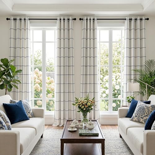Image of MYSKY HOME 100% Blackout Plaid Linen Ceiling Curtains 102 Inch Long 2 Panels Set Double Layer Farmhouse Thermal Insulated Checkered Print Drapes for Living Room Bedroom, 2 Pcs, 52 inch Wide, Navy Blue