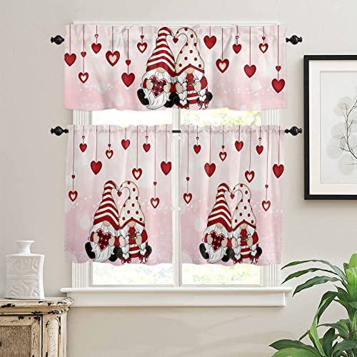 Valentines Kitchen Curtains Set Small Half Curtains 24 Inches Length, Pink Ombre Gnomes Tier Curtains And Valance Set, Red Love Heart Roses Curtain Window Treatment Draperies For Cafe Bathroom Bedroom #TOP1