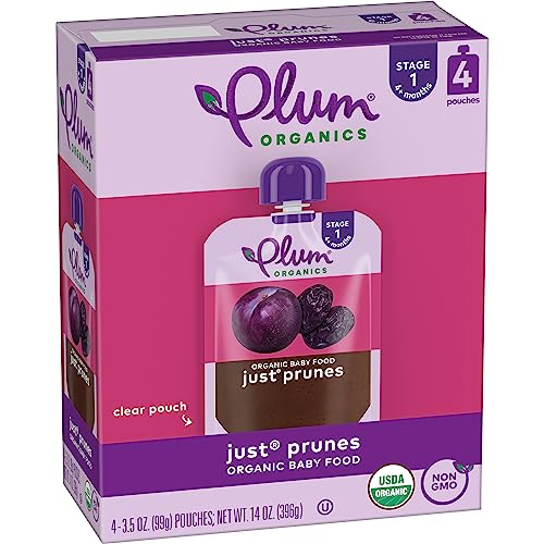 Plum Organics Just Prunes, 4+ Months - Organic Baby Food Pouches, 3.5 oz Pouch (Pack of 4)