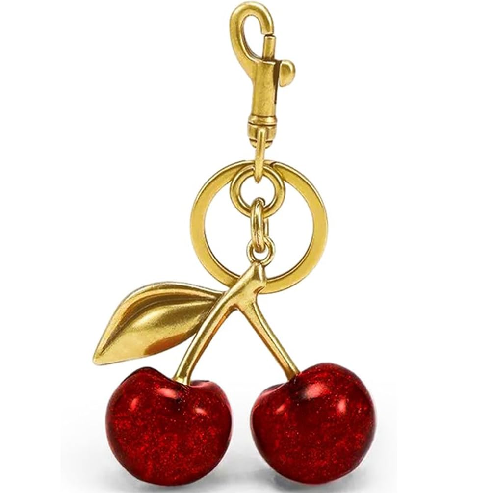 ALIBRAHIM 18K Gold Cherry Car Keychain - Backpacks Wallets Bags Keyring for Women - Cute Keychain Shiny Metal Charm with Key Ring and Clip Purse Accessory