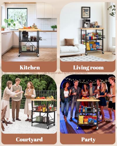 Image of Mythinglogic Foldable Kitchen Cart with Wheels, Rolling Kitchen Island with Wood Top, 3-Tier Microwave Stand Coffee Bar Cart with Side Storage Rack, Black
