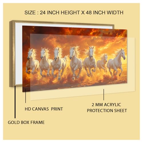 Image of PAPER PLANE DESIGN Seven Running Horses HD Canvas Print Wall Art - Premium Vastu Golden Box Frame With Acrylic - Elegant Home & Office Decor - Size: 2 x 4 Feet. (E)