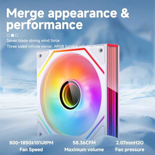 Image of Prism6 MAX X3 120mm ARGB PC Case Fan - 3-Sided Infinite Mirror & Axis Infinite Mirror Light Effect，800-1850±10% RPM 120mm PWM Case Fan for PC Case(Triple Pack White)