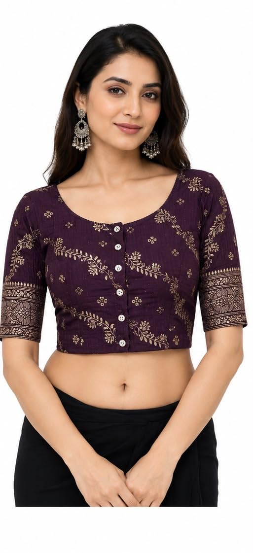 Women's Cotton Stretchable Floral Readymade Saree Blouse| Elbow Print Sleeve Round Neck Blouse for Women|Soft Cotton Fabric|Comfortable Fit|Stylish & Ethnic Wear.-picture-14