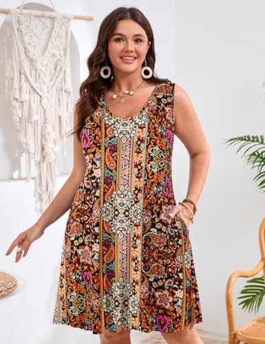 Image of JollieLovin Women Plus Size Curvy Summer Tank Sun Dresses Sleeveless Causal T-Shirt Dress Beach Swing Cover up(L-5X)