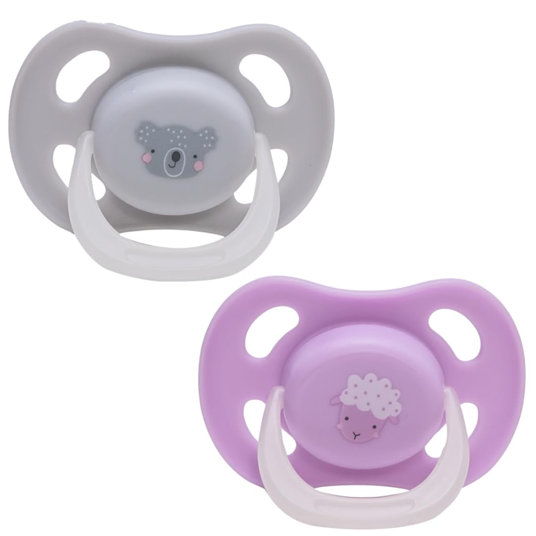 Adore Airo Rounded Edges Pacifier Glows in Dark with Multipurpose Storage Case | Silicone Baby Pacifier | Infant Pacifier (Grey & Purple, Pack of 2)