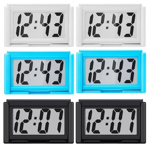Image of Frienda 6 Pieces Mini Digital Clock Small Digital Clock Stick on Battery Operated Self Adhesive Bracket for Car Dashboard Fridge (Blue,Black,White)