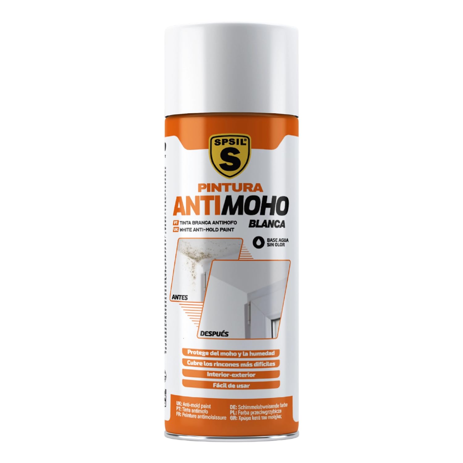 SPSIL Spray Antimoho Pintura Antihumedad Interior y Antimoho en Spray 400ml X 2- Acrílica Blanca de Alta Opacidad, Base Agua Sin Olor - Para Paredes, Techos y Más