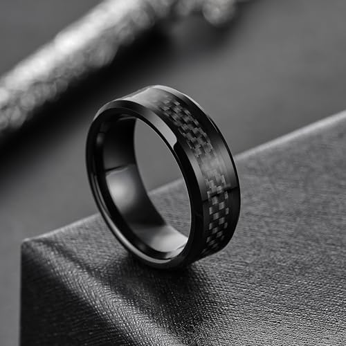 King Will 8mm Tungsten Carbide Rings for Men Men's Wedding Band with Carbon Fiber Inlaid Beveled Polished3