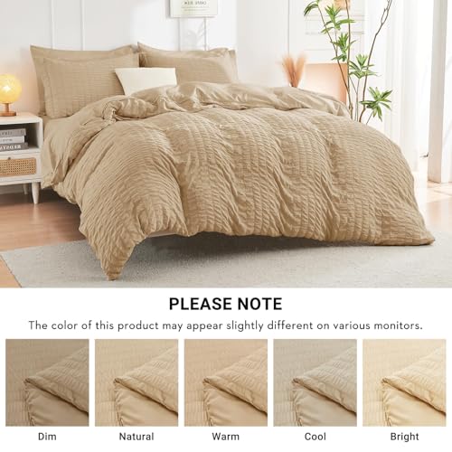 Image of HYMOKEGE Khaki Queen Comforter Set Seersucker 7 Pieces, All Season Luxury Bed in a Bag Queen for Bedroom, Bedding Set with Comforter, Sheets, Pillowcases & Shams