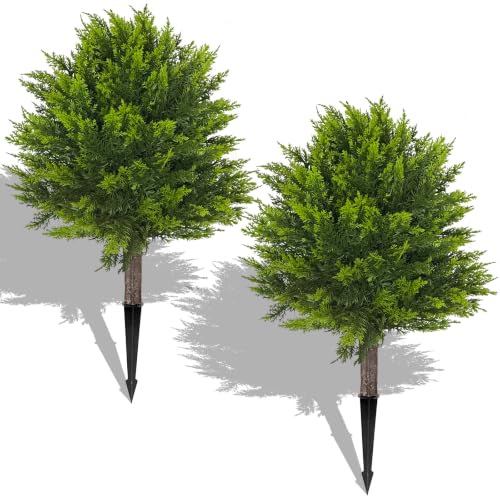 Grandeal Artificial Cypress Topiary Ball Set of 2, 24” Faux Shrub Bushes with Ground Spike, UV Resistant Fake Evergreen Plants Tree for Porch Outdoor Planters Indoor