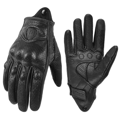 Guantes de Motocicleta de Cuero,Guantes de Moto para Hombres Mujeres,Negro Retro,Pantalla Completa con la Pantalla Completa,Nudillos Duros para Correr Ciclismo en Bicicleta (Agujero Negro, Large)