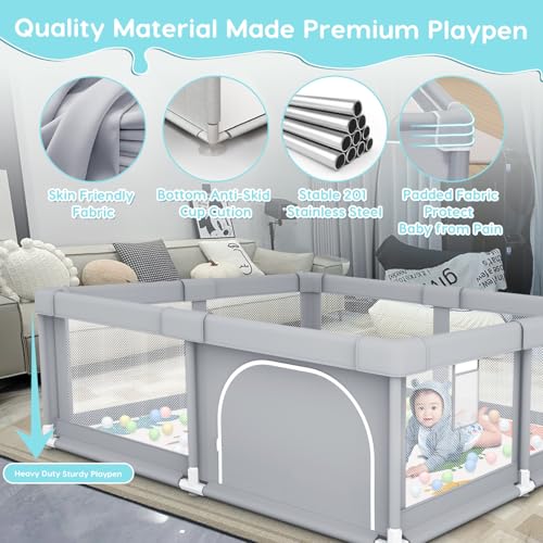 Image of Fshibila Baby Playpen with Mat, Baby Playpens for Babies and Toddlers, BabyFence Play Pen for Indoor & Outdoor, Sturdy Safety Play Yard with Soft Breathable Mesh, 50 * 50 * 27 inches Grey