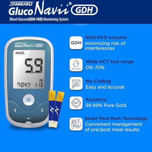 Image of Standard GlucoNavii GDH Blood Sugar Monitor - Complete Diabetes Testing Kit with Glucose Monitor, 100 Test Strips, 100 SD Biosensor Safety Lancets & Case - Code-Free Blood Glucose Monitors for Accurate Diabetic Monitoring (GlucoNavii mmol /L + 100 (PSL + Strips))
