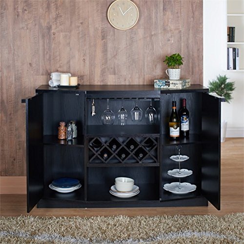 Iohomes Annadel Contemporary Wine Buffet, Wood Sideboard With Glass Rack, Two Shelved Cabinets And Open Bottom Shelf, Black #TOP4