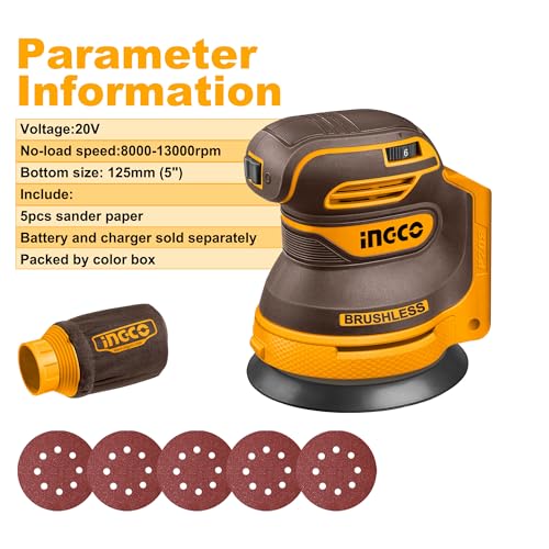 INGCO 20V Cordless Random Orbit Sander 125mm (Body Only), Brushless Motor, 6 Variable Speeds, 5Pcs Sand Paper, Electric Sander Ideal for Sanding, Polishing Wood, Home Improvements CROSLI2002 7 INGCO 20V Cordless Random Orbit Sander 125mm (Body Only), Brushless Motor, 6 Variable Speeds, 5Pcs Sand Paper, Electric Sander Ideal for Sanding, Polishing Wood, Home Improvements CROSLI2002 - Image 7