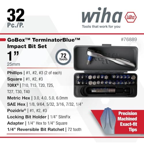 Image of Wiha 76889 32 Piece GoBox TerminatorBlue Impact Bit Set with Mini Ratchet