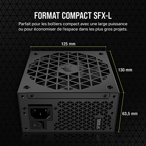 Corsair SF1000L Alimentation SFX Entièrement Modulaire et Silencieuse - Compatible ATX 3.1 et PCIe 5.1 - Ventilateur PWM Silencieux de 120 mm - Efficacité 80 PLUS Gold - Mode Zéro RPM - Noir