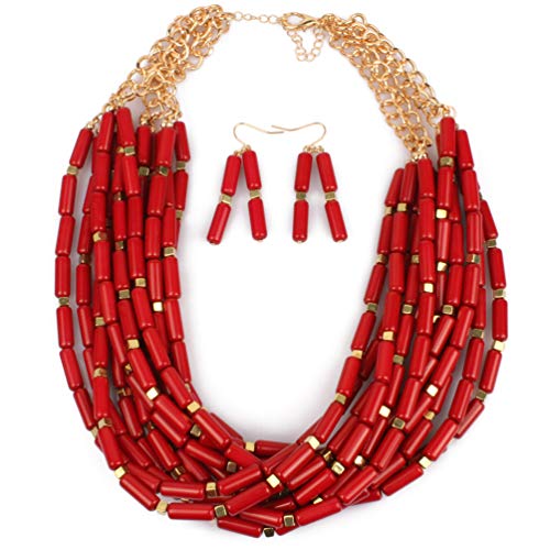 Thkmeet Red Beaded Cluster Multi-Layer Strand Chunky Statement Necklace Earring Women Bohemian Jewelry Set