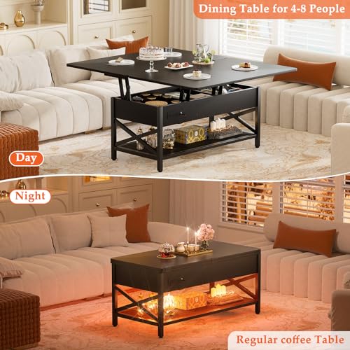 Aheaplus Coffee Table Lift Top Multi-Function Coffee Table Converts to Dining Table, with LED Light and Power Outlet, Center Table with Shelves for Living Room Reception Home Office, Black