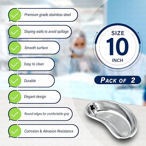 Image of OTICA Stainless Steel Kidney Tray 10'' Medium Kidney Shaped Emesis Basin Surgical Medical Tray pan Bowls Reusable Metal Kidney Dish Dental Lab Instruments Bathroom Soiled Dressings Medic Waster