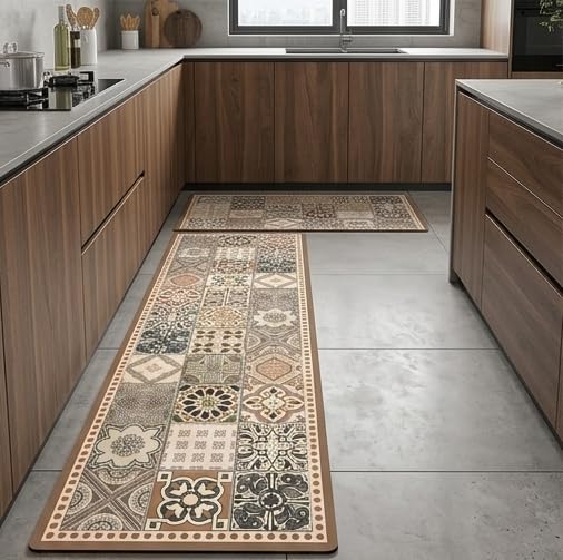 Image of HomeCloud Rubber Kitchen Mats for Floor Set of 2 Pcs | Non-Skid, Soft Absorbent Rugs for Kitchen, Laundry, and Hallway | 120x40cm, 40x60cm| 4mm Thickness (Beige Khaki Multi)
