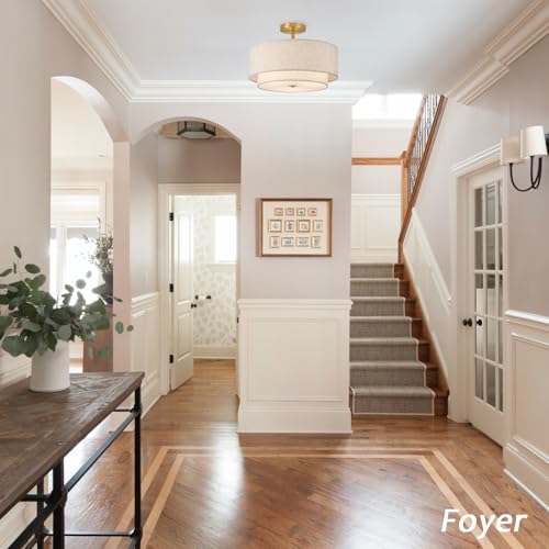 16 Double Drum Gold 3-Light Semi Flush Mount Ceiling Light, Classic Fabric Linen Shade Design for Living Room, Bedroom, Kitchen, Dining Room, Hallway and Entryway