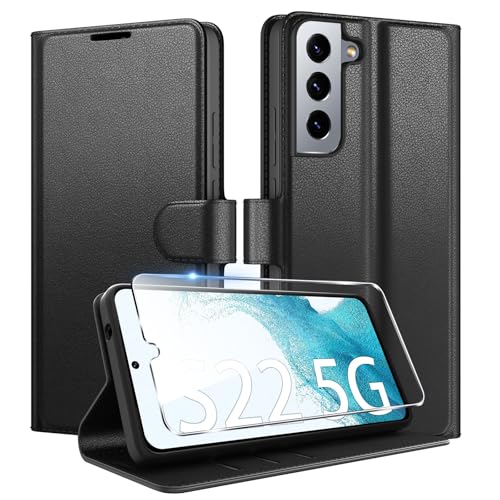 Coiwxmoi für Samsung Galaxy S22 5G Hülle Mit 1 Stück Panzer Schutz Glas, Wallet Premium PU Leder Handyhülle, Standfunktion Schutzhülle Kartenfach Stoßfeste Klapphülle Flip Case Cover Schwarz